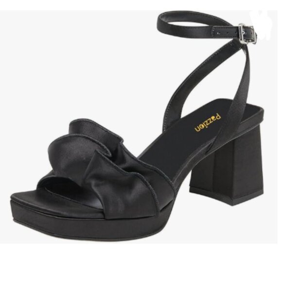 Pazzion Black Satin Platform Square Toe Pleated Ruffle Sandal Block Heel Shoes - Picture 1 of 8